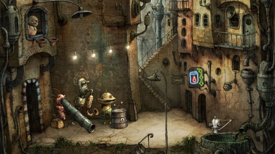 Machinarium: ręcznie malowane podwórko z rur i złomu, dwa roboty przy beczce, po prawej klatka schodowa.